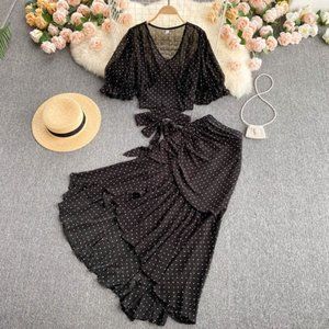Sexy Polka Dot Chiffon Elegant Flare Sleeve Short Tops And Skirt